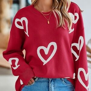 New Women's Oversized Sweater Crew Neck Long Sleeve Pullover Red White Heart XL